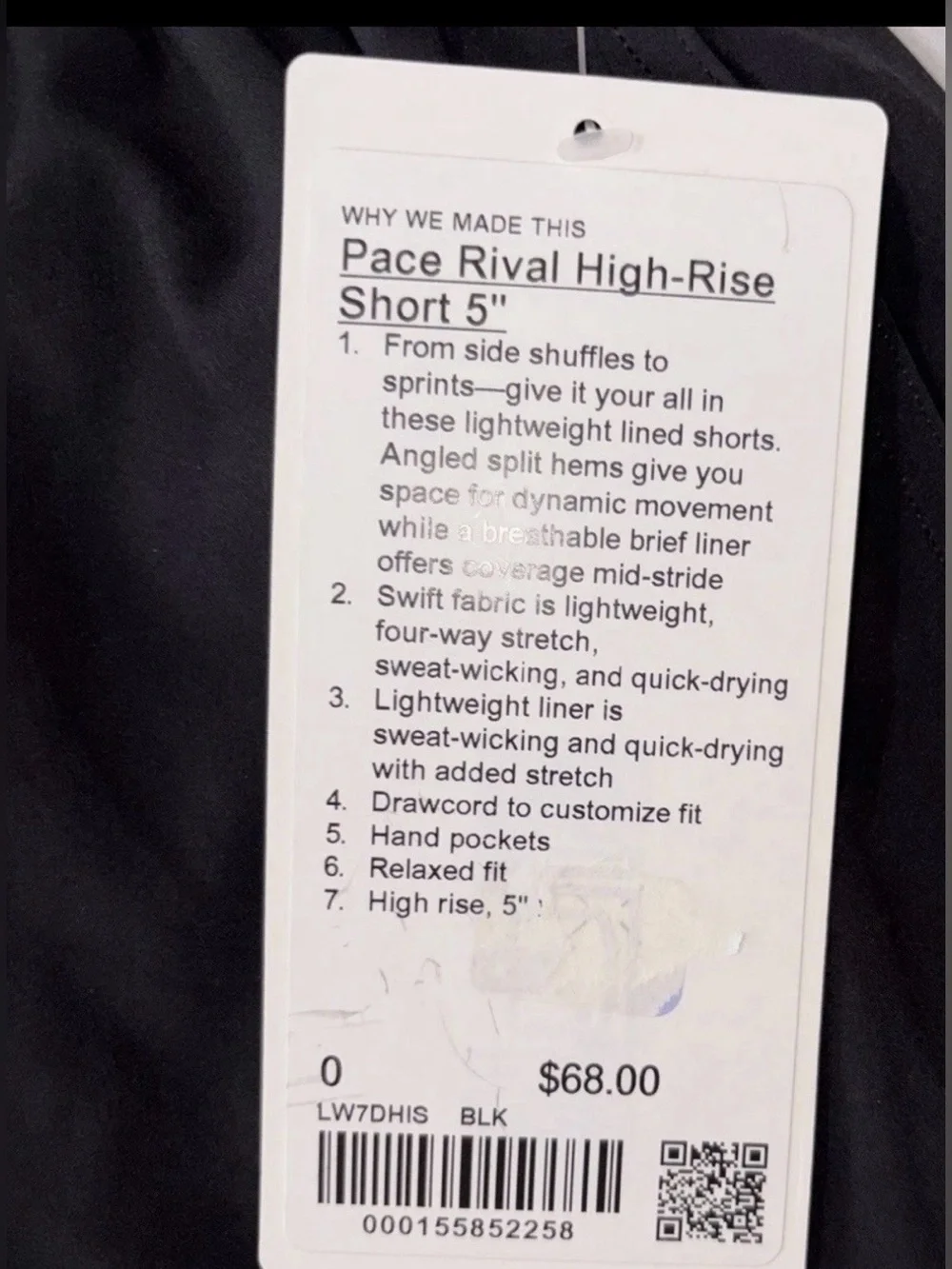 NWT LULULEMON SIZE ZERO PACE RIVAL HIGH RISE 5”L SHORT AUTHENTIC LINED BLACK